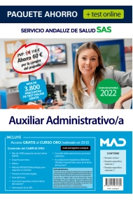 Cubierta de Paquete Ahorro + TEST ONLINE Auxiliar Administrativo/a Servicio Andaluz de Salud. Ahorra 60 (incluye en papel: Temario común; Temario específico 1 y 2; y acceso gratis al Curso Oro con test onli
